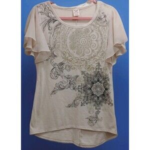 Y2K Faded Glory Women’s S Embellished Graphic Top Flutter Sleeve Boho Grunge